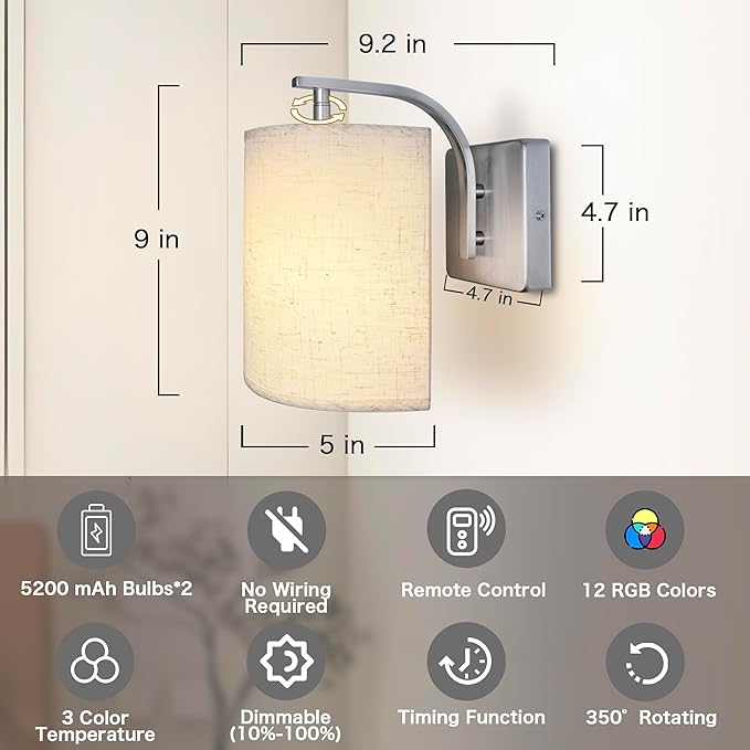 Wireless Wall Sconces Set of 2, Rechargeable Battery Operated Wall Lights - Image 6