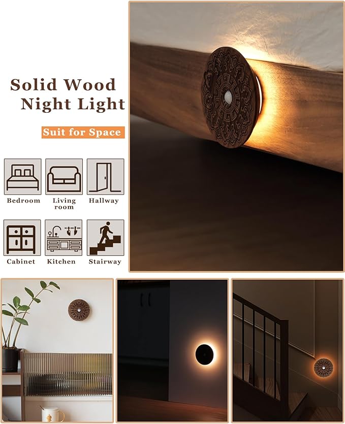 Motion Sensor Night Light Wood USB Rechargeable Stick-On Step Lights Magnetic - Image 7