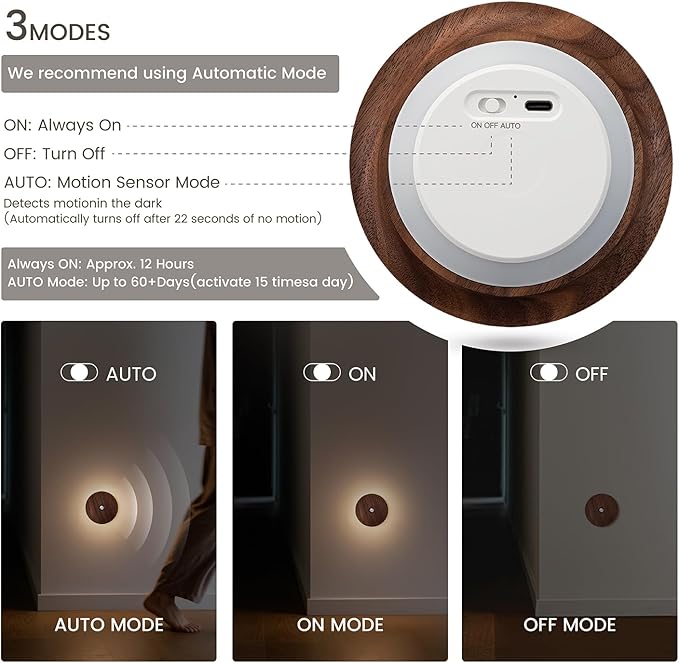 Motion Sensor Night Light Wood Rechargeable Battery-Powered Stick-On Step - Image 3