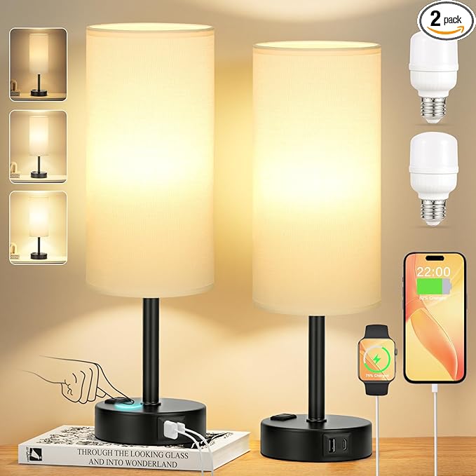 White Bedroom Lamps Set of 2-3 Way Dimmable Touch Table Lamps by PartageiZ