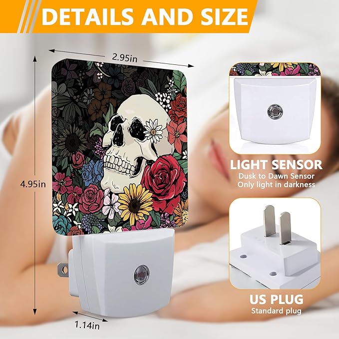 Halloween Skull Night Light, Plug-into Skeleton Flower Floral Nightlight White - Image 2