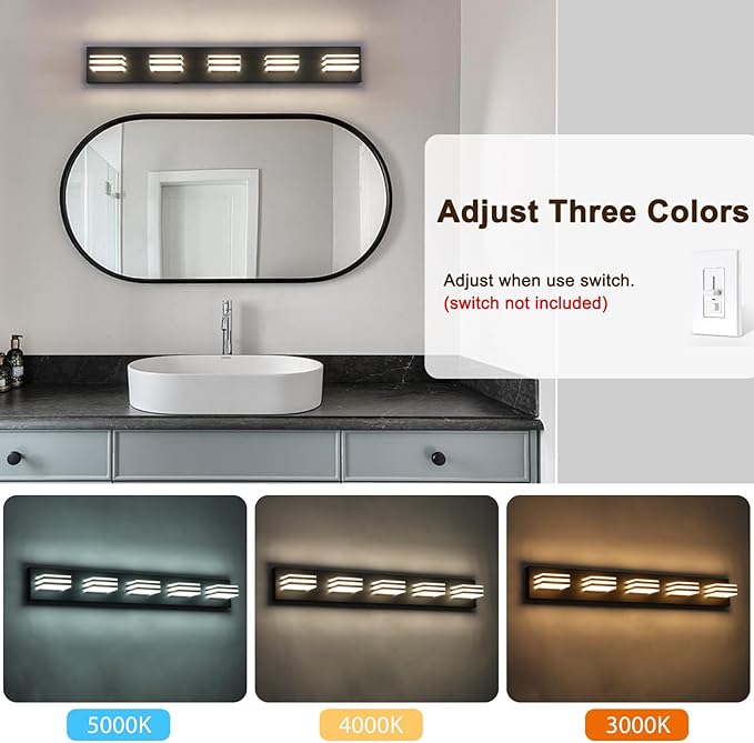 LED Wall Black Vanity Lights for Bathroom Light Fixtures 30W Adjust 3 Colors - Image 6
