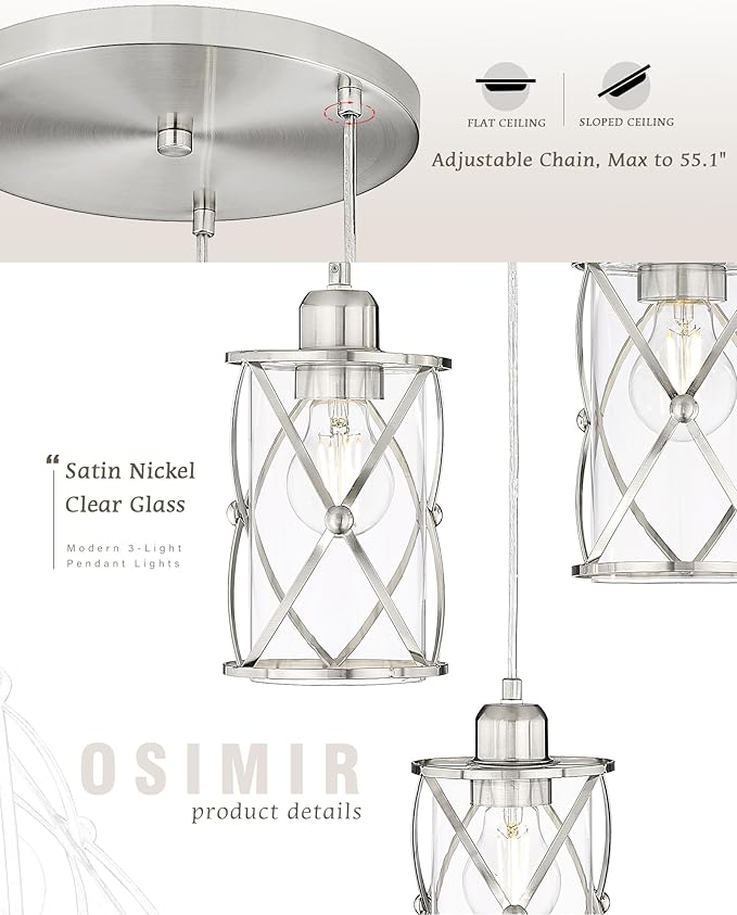 Brushed Nickel Dining Room Chandelier Light Fixture, 3-Light Pendant Lighting - Image 2