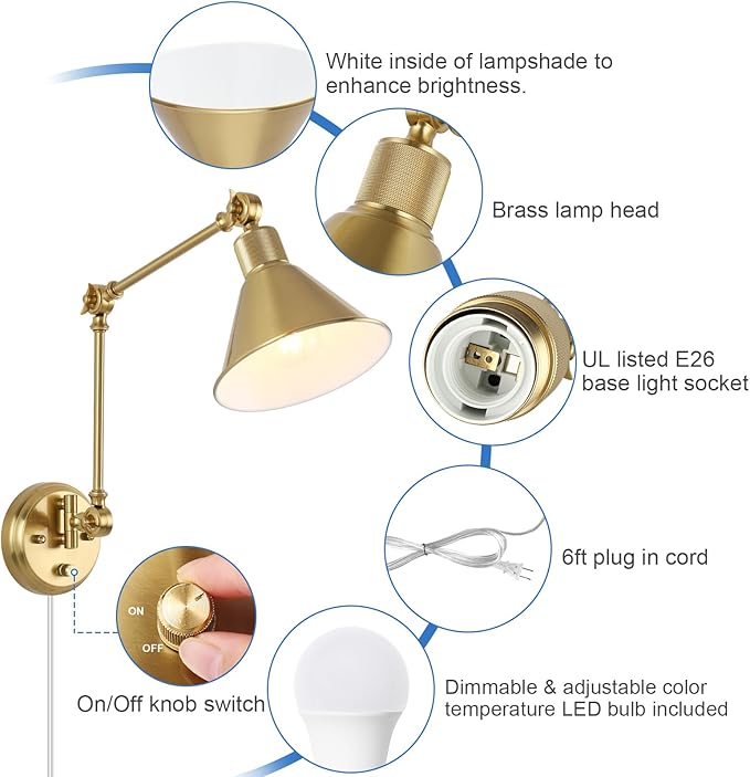 TRLIFE Wall Sconce with Remote Control, Brushed Brass Plug in Wall Sconces - Image 4