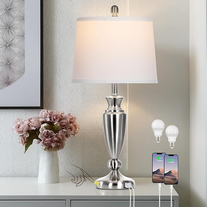 27" Silver Table Lamps for Living Room Single, 3 Way Touch Control Bedside Lamps - Image 2