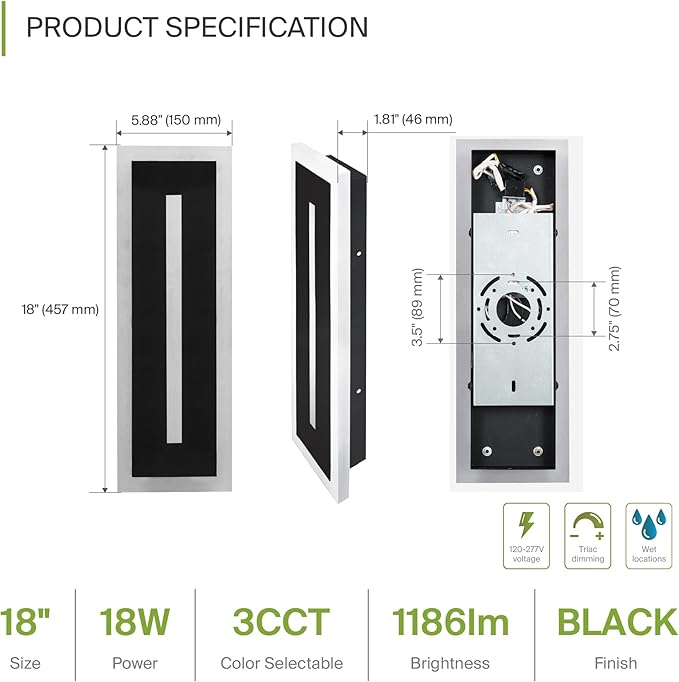 ASD LED 18" Long Wall Mount Light Fixture, Outdoor & Indoor Linear Sconce | 3CCT - Image 2
