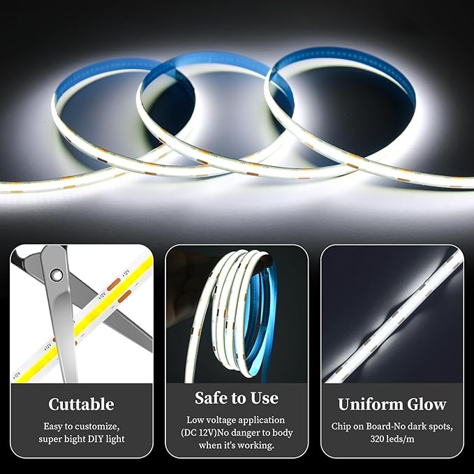 iNextStation 32.8ft/10M White COB LED Strip Light, CRI 93+ 3200 LEDs Light Strip - Image 2