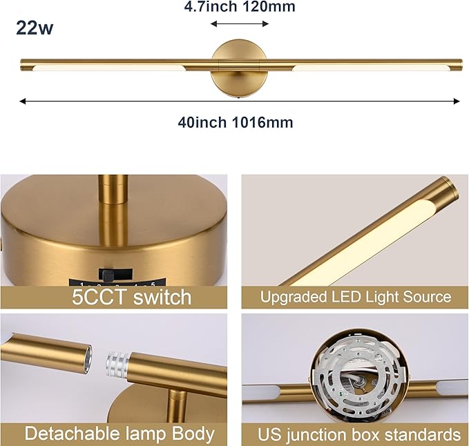 BONLICHT 40 Inch LED Bathroom Light Fixtures Brushed Brass Bathroom Vanity - Image 5