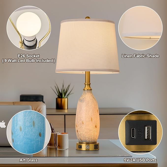 AIDENOEY 26" Modern Art Glass Table & Bedside Lamp, Stepless Dimmable Base + - Image 2