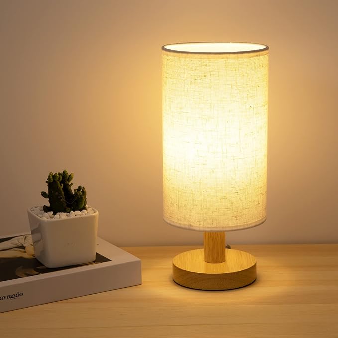 Small Bedside Table Lamp for Bedroom, Minimalist Wood Base & Round Fabric Shade by UCHENTON