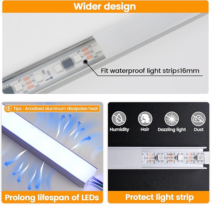 Muzata 10Pack 6.6FT/2M Wider LED Channel Silver Aluminum LED Strips Diffuser - Image 3