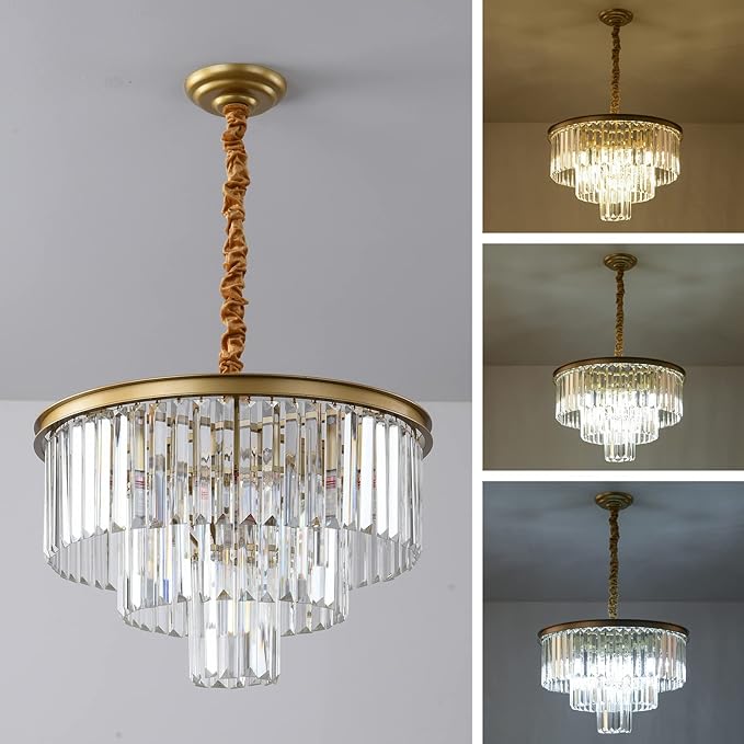 Gold Modern Crystal Chandelier, 3-Tier Round Flush Mount Ceiling Light Fixtures - Image 3