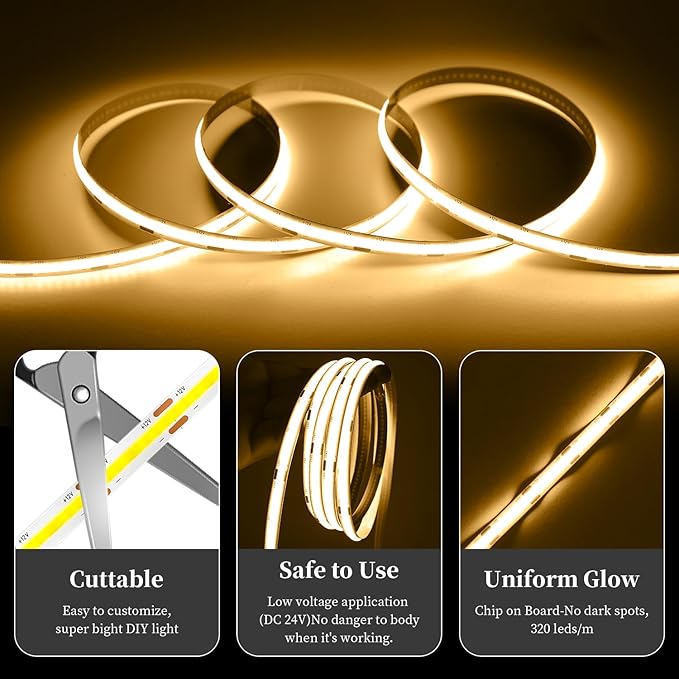iNextStation 32.8ft/10M Warm White COB LED Light Strip, DC24V CRI 93+ Strip - Image 2