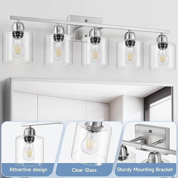 Modern Brushed Nickel 5 Light Bathroom Vanity Light, 31 inch Bathroom Lights - Image 3