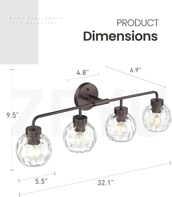 zeyu 4-Light Bathroom Vanity Light, 32 Inch Vintage Vanity Lighting Fixtures - Image 6