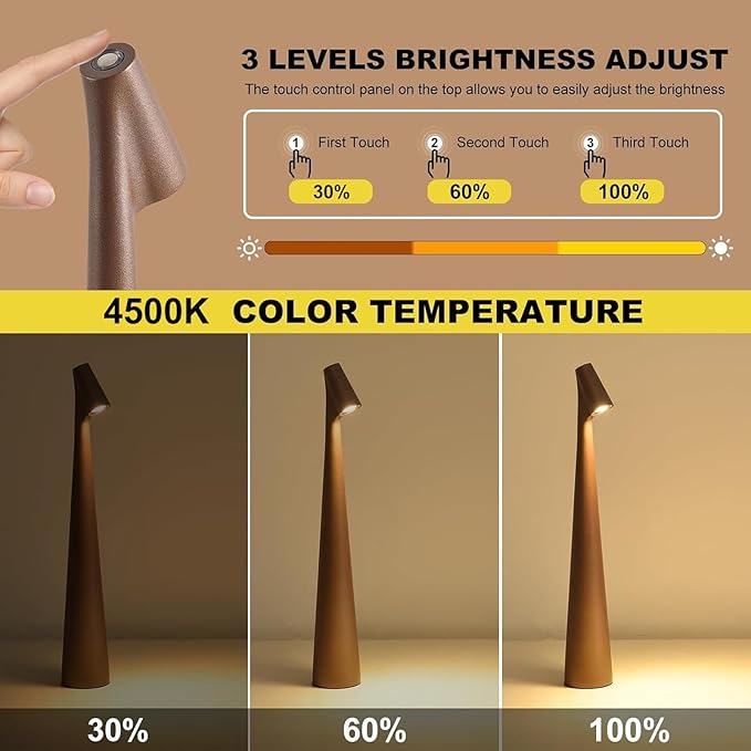 Cordless Small Table Lamps Set of 2, 3 Levels Brightness Portable Desk Lamp - Image 5