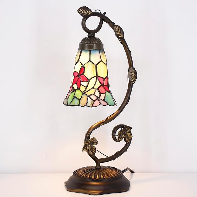 Tiffany Lamp Stained Glass Desk Reading Bedside Light, Metal Leaf Table Lamp by ANYONGLU
