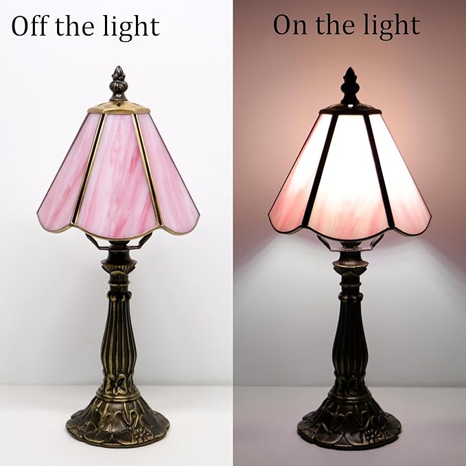 Small Tiffany Table Lamp Pink Stained Glass Desk Lamps 6X6X14 Inch Bronze Resin - Image 4