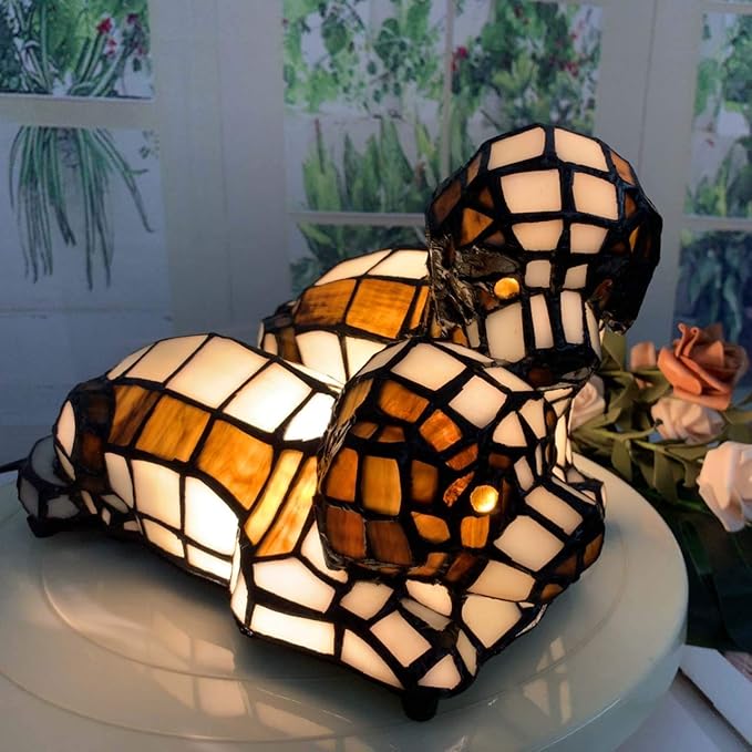 Bieye L10772 Dogs in Love Tiffany Style Stained Glass Accent Table Lamp Night - Image 5