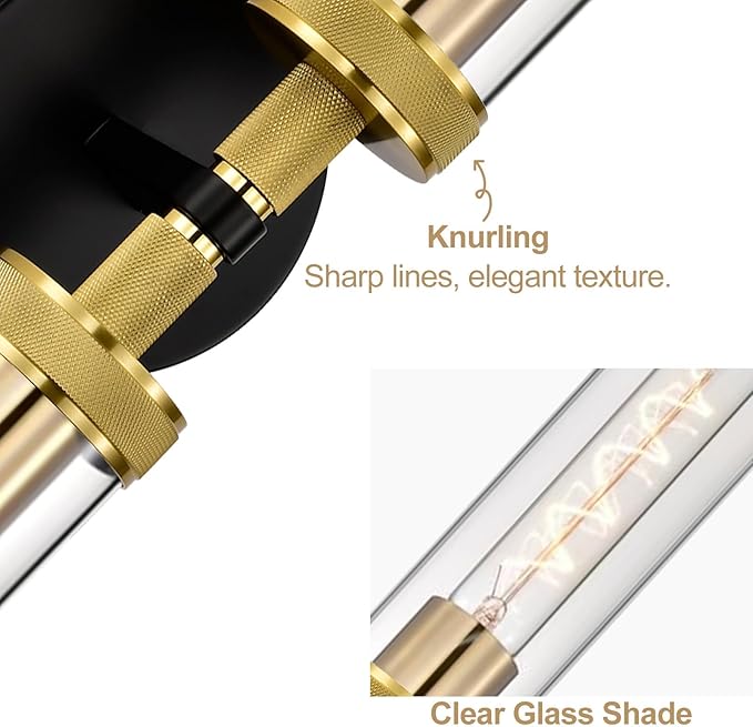 LaLuLa Bathroom Vanity Light, Knurled Texture Linear Black and Gold Wall Sconces - Image 6