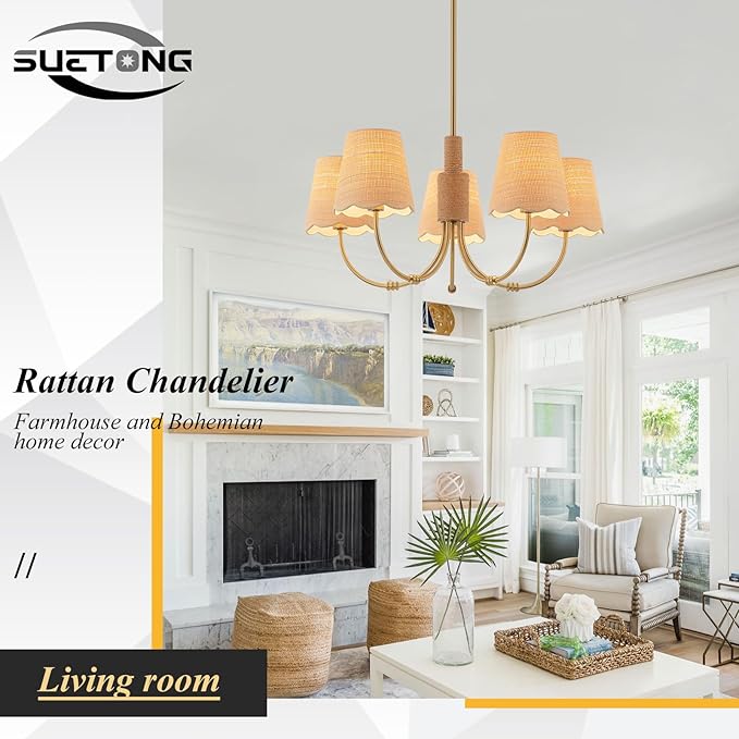 Boho Rattan Chandelier with Fabric Shade, Antique Gold Brass Farmhouse - Image 8
