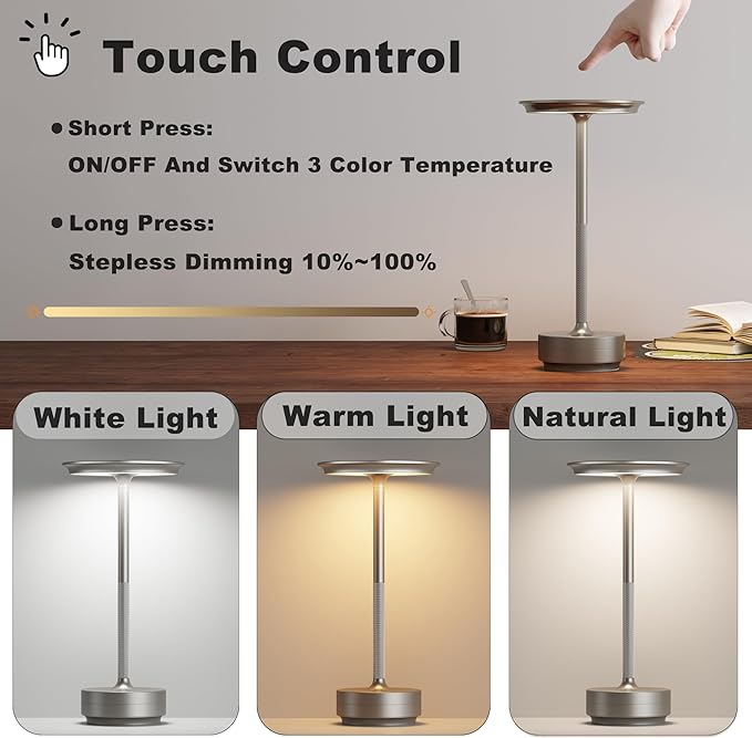 2 Pack Cordless Table Lamp, LED Rechargeable Table Light - Image 2