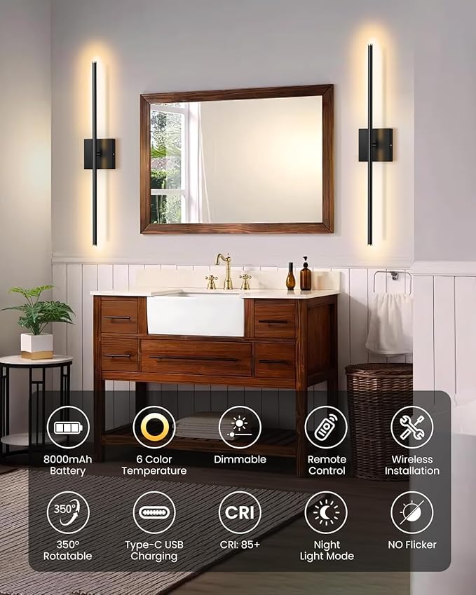 CLY Battery Operated Wall Sconce Set of 2, Dimmable 2700K-6500K Battery Wall - Image 8