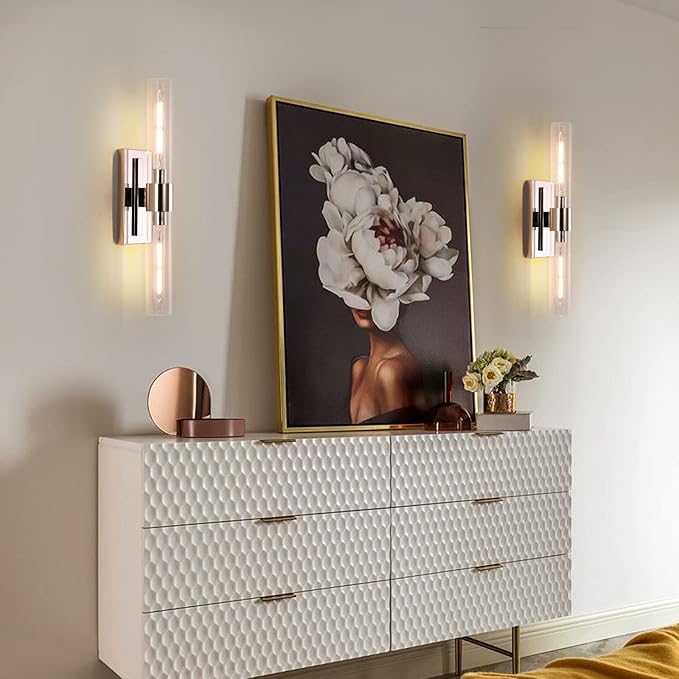 Bathroom Vanity Light Fixtures, Glass Tube Wall Sconces Set of 2, Nickel - Image 6