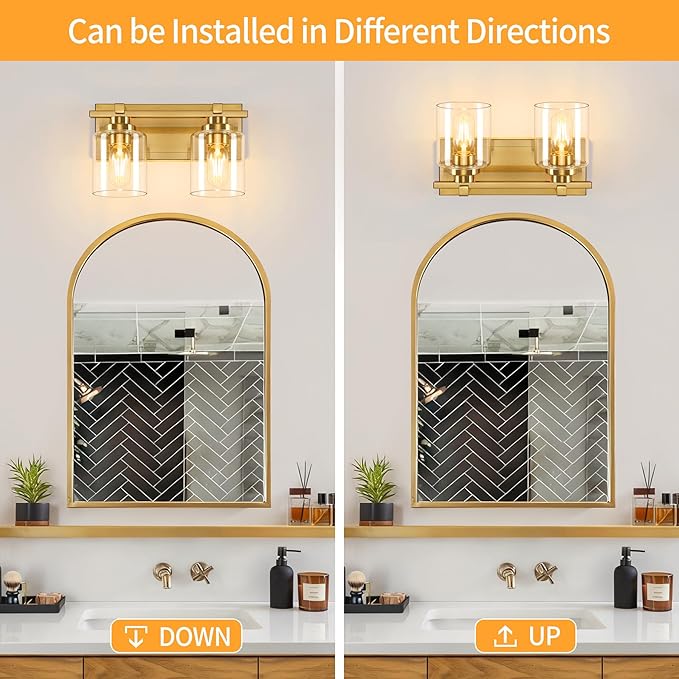 2 Light Modern Bathroom Light Fixtures Over Mirror, Brass Finish Vanity Lights - Image 4