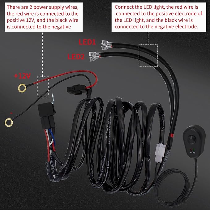 LED Lights Bar Wiring Harness Kit 2 Leads DC12V On-Off Switch Power Relay Blade - Image 5