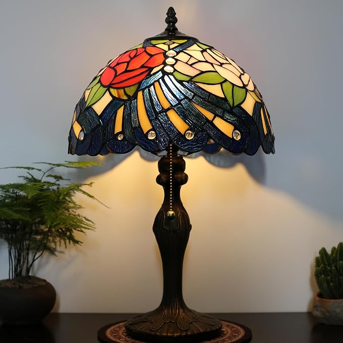 Tiffany Lamp Stained Glass Table Lamp 12” x 19” Rose Feather Style Decorative - Image 6