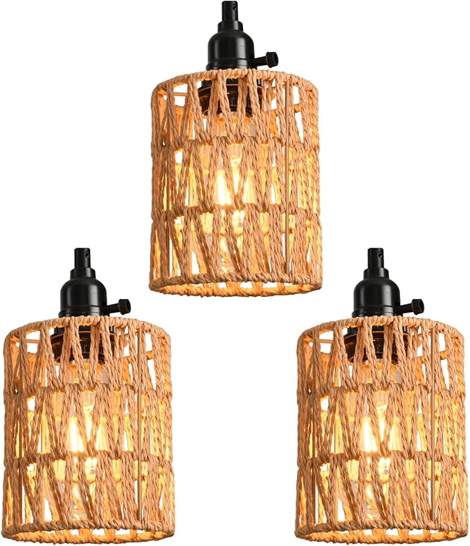 3-Light Hanging Light with Plug in Cord, Plug in Pendant Light 22ft Hemp Rope - Image 8