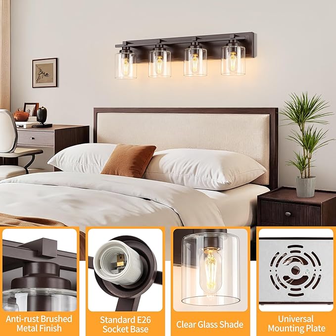 4 Light Modern Bathroom Light Fixtures Over Mirror, Bronze Finish Vanity Lights - Image 3