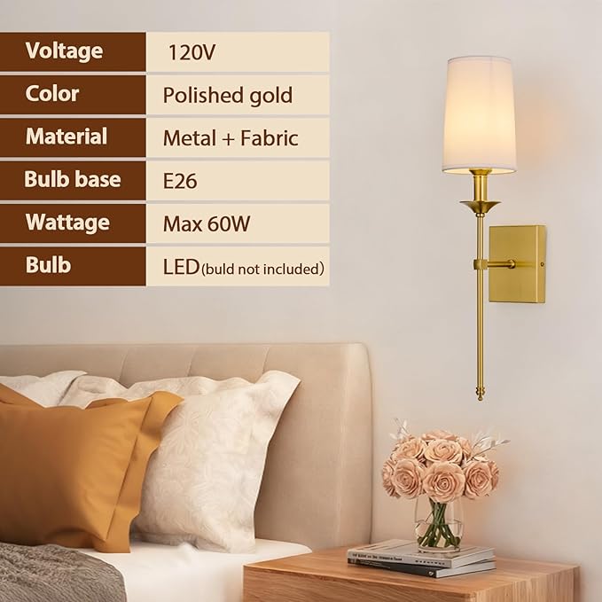 TERLEENART Gold Wall Sconce Set of 2, Hardwired Bathroom Vanity Light Fixture - Image 4