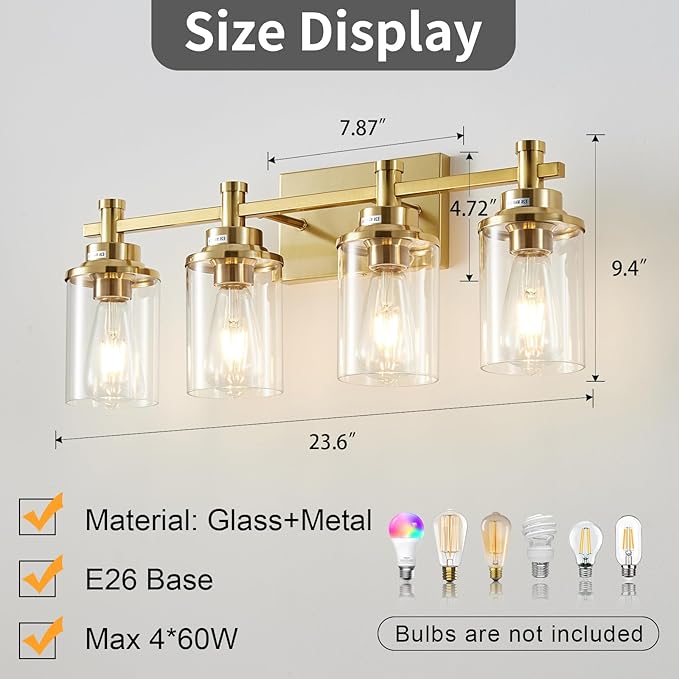 4 Light Brushed Brass Vanity Light Over Mirror, Vintage Wall Sconce - Image 5