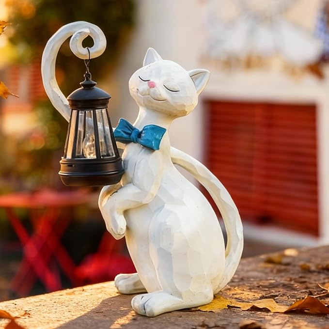 WHIMSYNOOK 10.7" White Cat Solar Garden Light Statue – Outdoor Garden & Yard - Image 2
