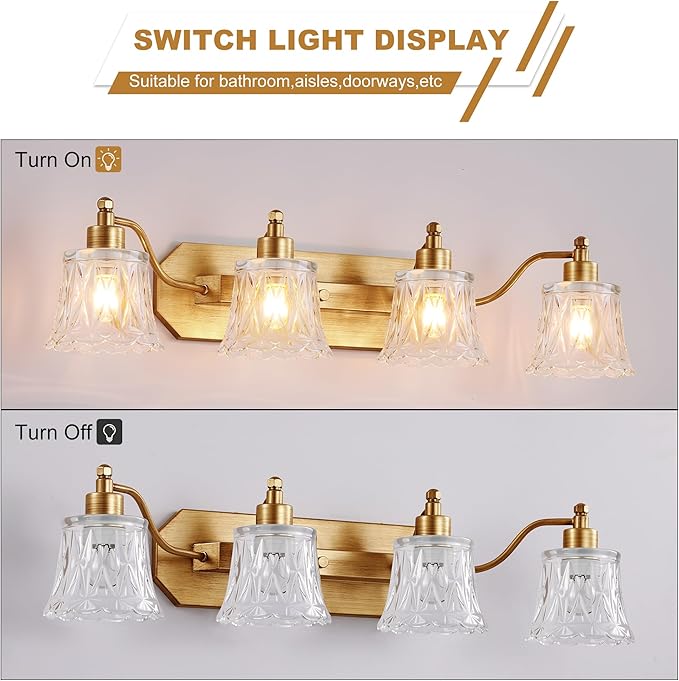 Vintage Bathroom Light Fixtures, 4-Light Gold Vanity Light, Matte Brass Finish - Image 4