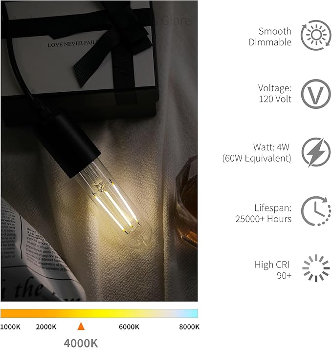 E26 T10 LED Light Bulbs, 5 Inch Vintage Tubular Thin Edison Bulbs, 4000K - Image 3