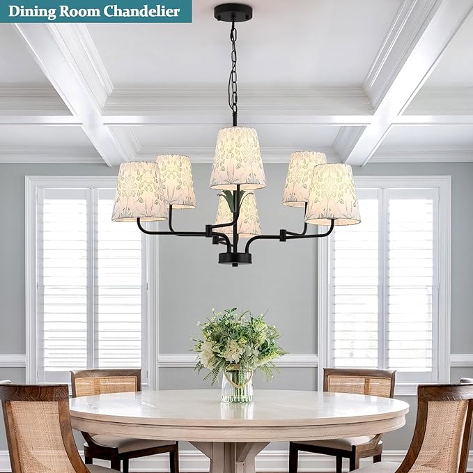 Black Chandeliers with White Fabric Shade, Farmhouse Green Plants Chandelier - Image 5