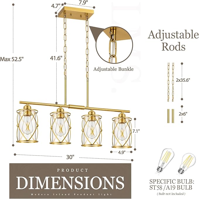 4-Light Kitchen Island Lighting, Modern Brushed Gold Dining Room Light Fixtures - Image 3