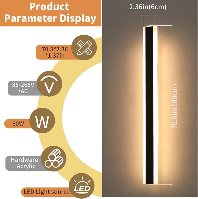 Modern Long Outdoor Wall Light, 71inch Black Exterior LED Wall Sconce, IP65 - Image 3