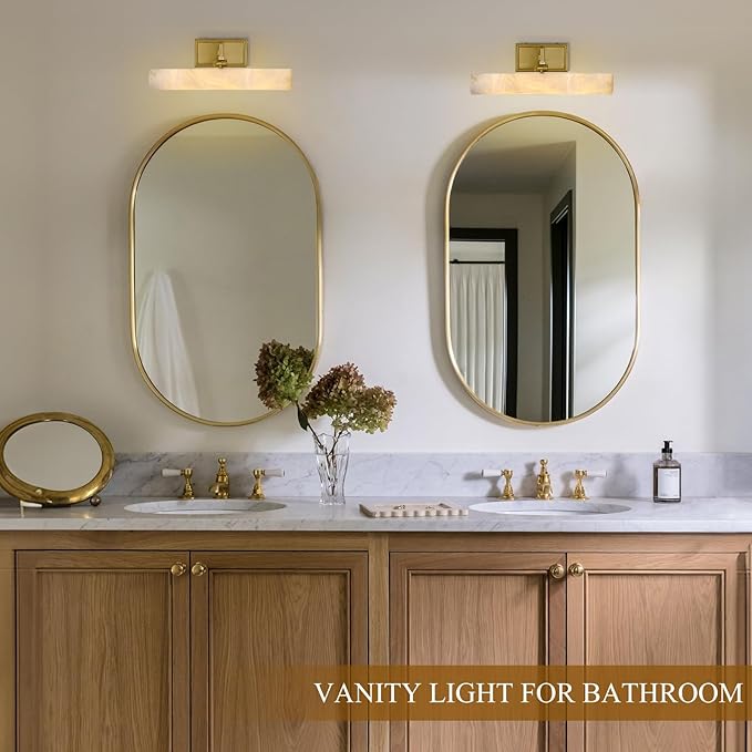 Alabaster Vanity Light, 12in Brass Bathroom Light Fixtures over Mirror - Image 10