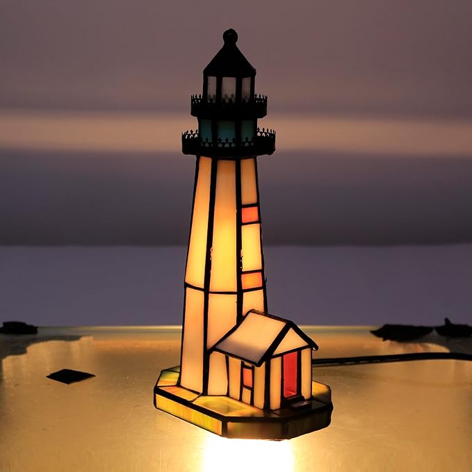 Small Tiffany Lighthouse Stained Glass Accent Table Lamp Night Light - Image 5