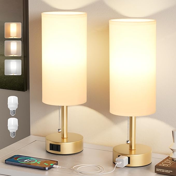 Fenmzee Gold Bedside Table Lamps Set of 2-3 Color Temperatures Pull Chain Lamp - Image 7