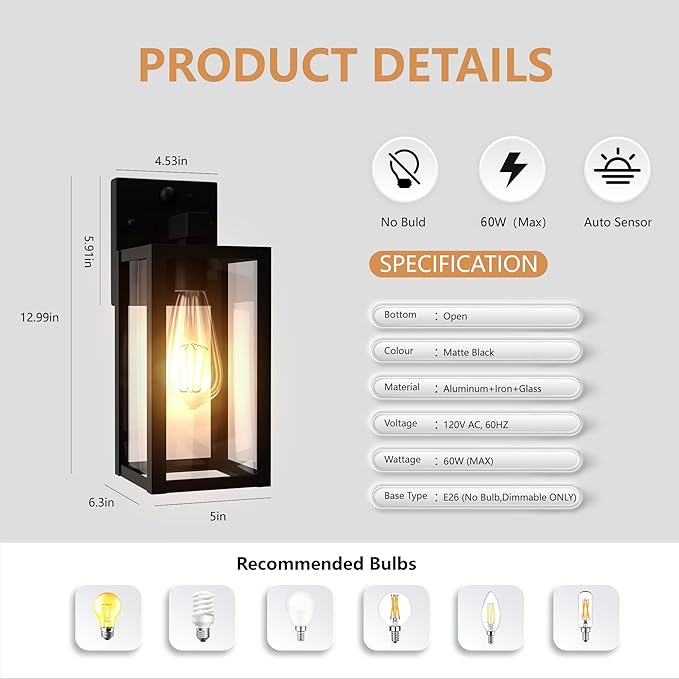 Dawn to Dusk Outdoor Sensor Motion Sensor Light Fixture Waterproof Porch Lights - Image 5