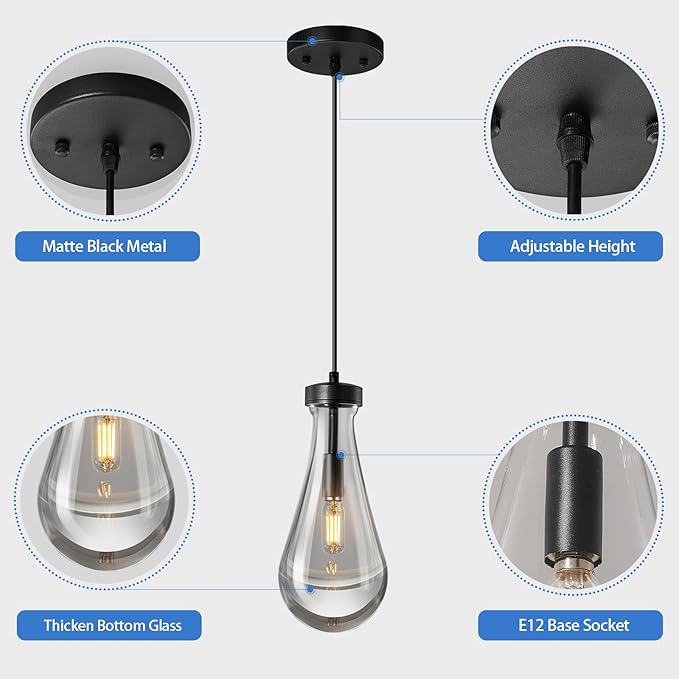 Raindrop Pendant Lights Kitchen Island Set of 3 Teardrop Black Hanging Light - Image 7