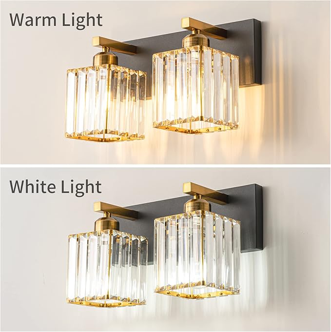 Modern Bathroom Vanity Light 2-Lights Black Gold Crystal Bathroom Wall Light - Image 2