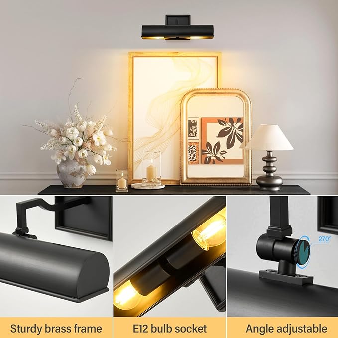 Black Dimmable Art Picture Light: 12" Brass Hardwired Display Wall Lights - Image 5