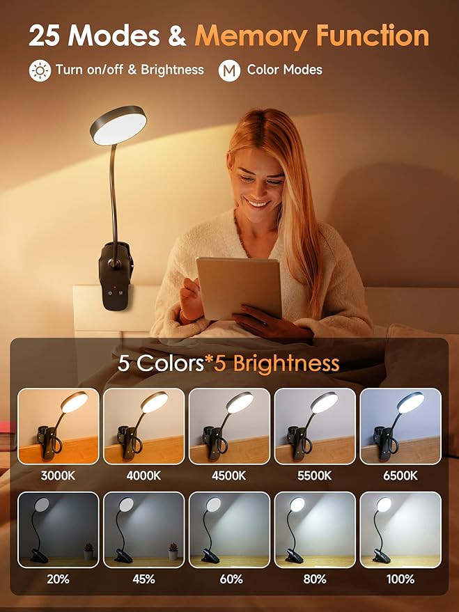 Mubarek Clip on Lamp, 5 Brightness+5 Color Clip on Light, 200LM 36 LED Reading - Image 2