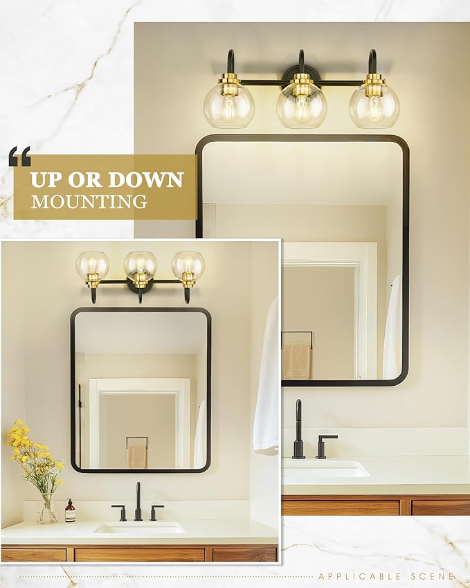 Bathroom Light Fixtures, 3-Light Black and Gold Vanity Lights - Image 6